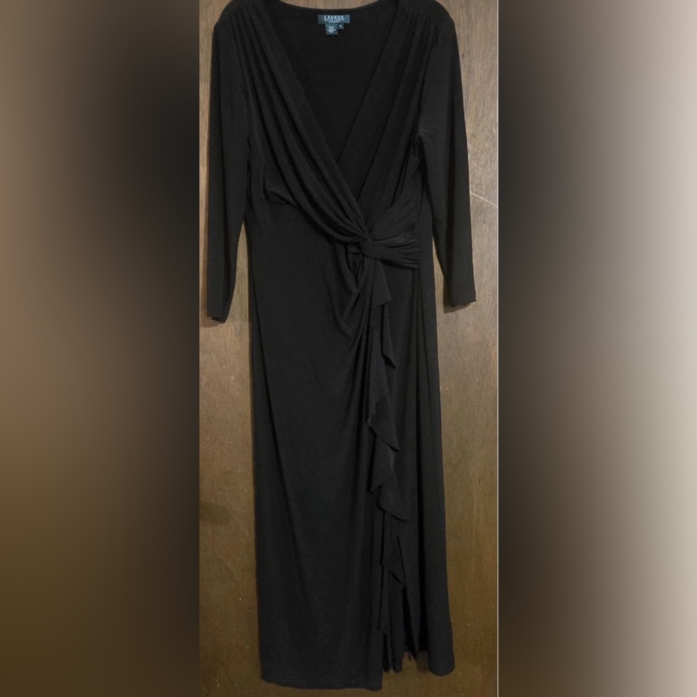 Lauren Ralph Lauren Wrap Dress Ruffle Knot Black Long V-Neck 3/4 Sleeve Sz 16 - Picture 6 of 6